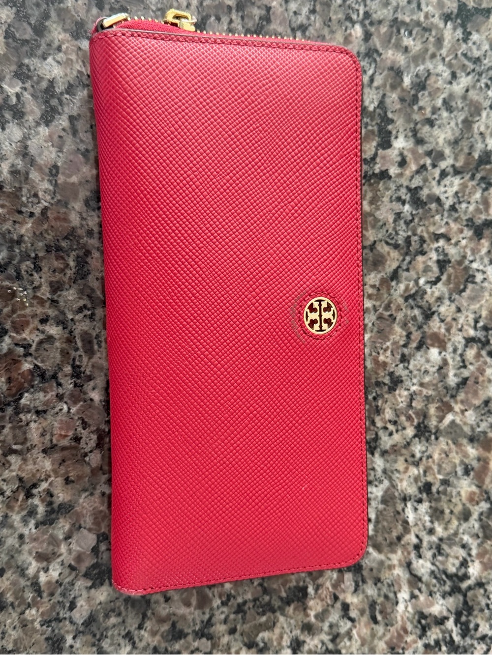 Tory Burch Red Saffiano Robinson Zip-Around Continental Wallet with Gold Logo